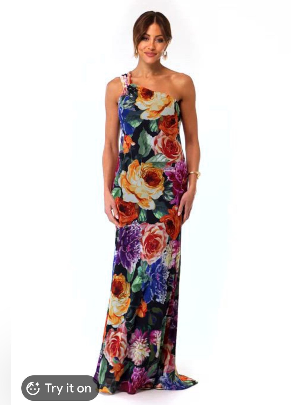 Xscape One-Shoulder Floral Maxi Dress in Navy with Multicolor Blooms